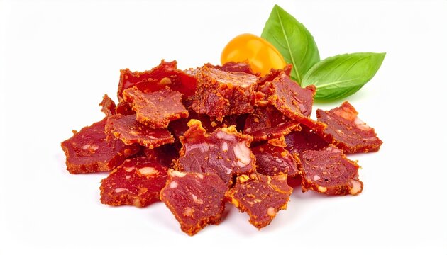 savory dried cured meat jerky slices on clean white background