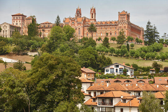 Picturesque Universidad Pontificia Comillas building. Art noveau architecture. Cantabria, Spain