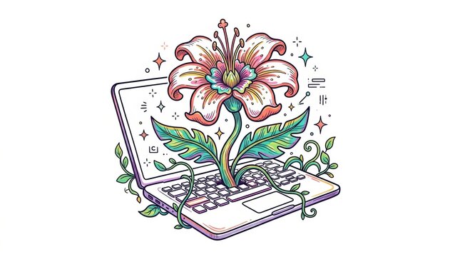 A beautiful colorful flower blooming from a laptop keyboard as a creative digital nature concept illustration with magical sparkles and plant vines