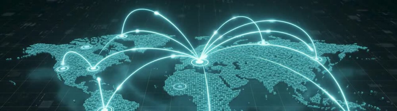 Global connectivity and digital network concept glowing data points on a world map international communication and internet infrastructure technology.