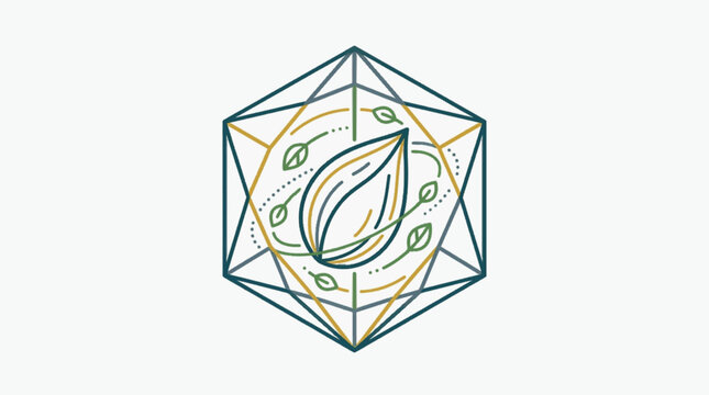 Minimalist line art illustration featuring a central stylized leaf encased in a geometric hexagon frame with orbiting leaves and circular dotted motion paths on a white background.