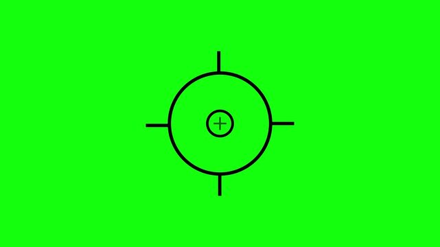 Minimalist black crosshair scope reticle with dual concentric circle rings and extending crosshair ticks against a solid green background. Target aiming reticle, precision weapon sight scope. 