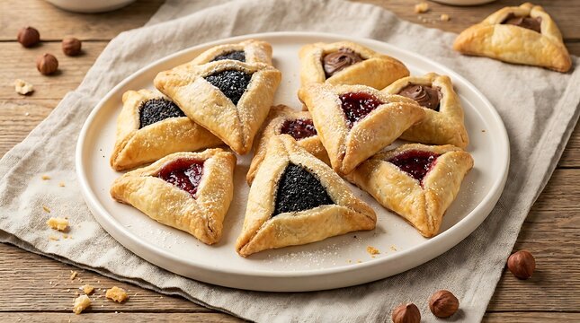 Fresh triangular hamantaschen cookies with fruit jam filling served on a white plate on wood table. Hebrew cuisine recipes