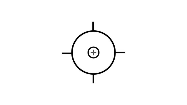 Minimalist black crosshair scope reticle with dual concentric circle rings and extending crosshair ticks against a solid white background. Target aiming reticle, precision weapon sight scope. 