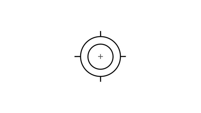 Minimalist black crosshair scope reticle with dual concentric circle rings and extending crosshair ticks against a solid white background. Target aiming reticle, precision weapon sight scope. 