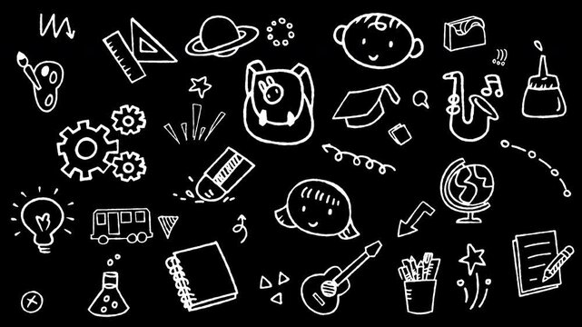 Animated doodle icons of school supplies, study items, graduation, and learning tools. Seamless loop video background featuring hand drawn line art. 
