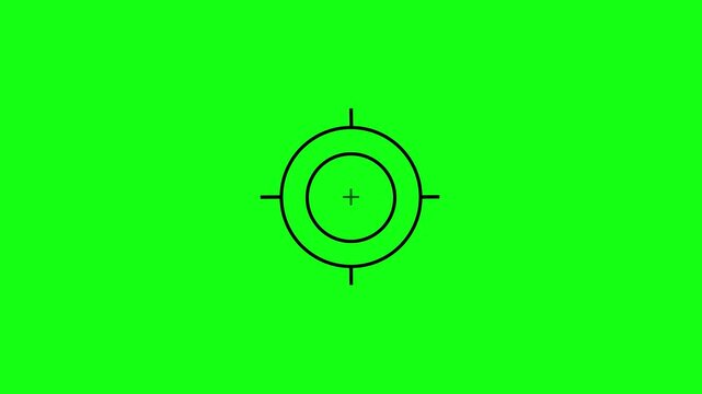 Minimalist black crosshair scope reticle with dual concentric circle rings and extending crosshair ticks against a solid green background. Target aiming reticle, precision weapon sight scope. 