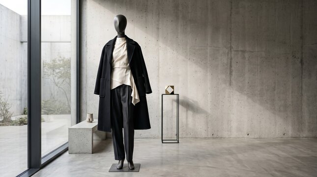 clothing store boutique display fashion mannequin retail visual merchandising minimalist interior concrete walls industrial design modern architecture women fashion stylish outfit