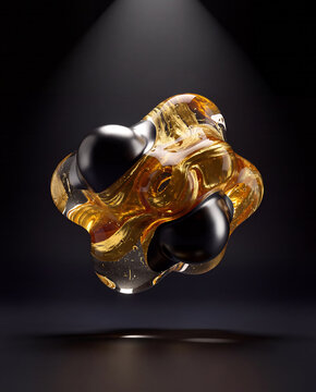 Floating 3D abstract amber glass sculpture with gold swirls and black metallic blobs under spotlight on dark background