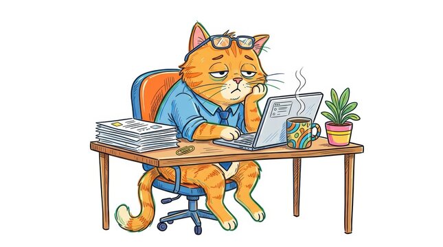 A tired ginger cat wearing glasses working on a laptop at an office desk with a stack of paper documents and a cup of hot coffee in a cartoon style