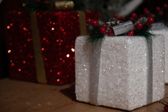 White christmas gifts sparkling with festive glitter