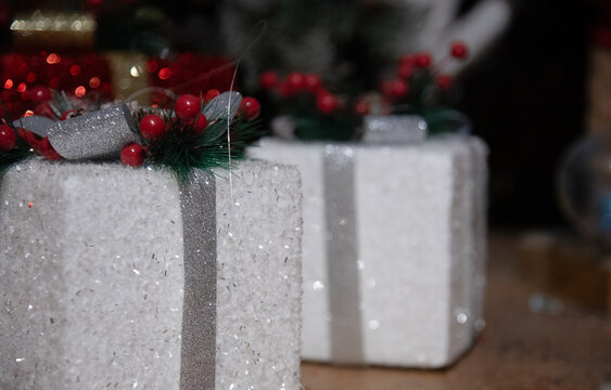 White christmas gifts sparkling with festive glitter