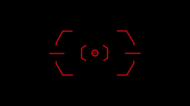 Minimalist red of a focus tracking sight reticle featuring outer framing brackets, inner horizontal crosshairs, and a central circular bullseye target set against a plain black background. 