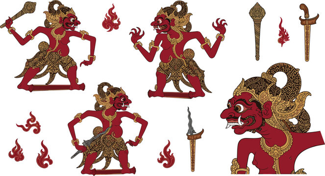Wayang kulit puppet vector set featuring red giant giant characters, traditional Indonesian shadow theater elements, kris daggers, bludgeons, and red fire ornaments.