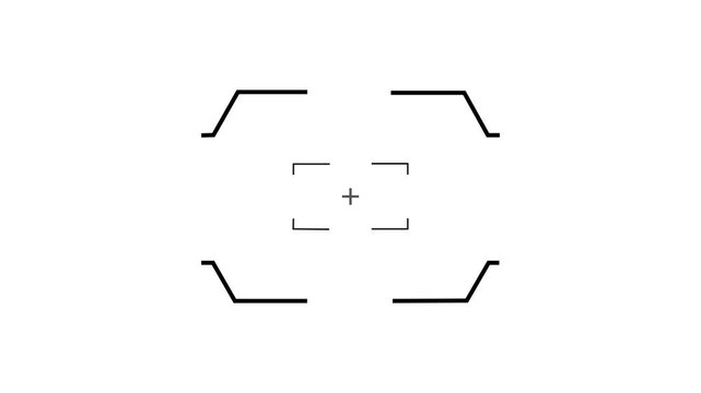 Minimalist black icon of a camera viewfinder reticle and targeting crosshair frame set against a plain white background. Animated camera focus frame, high-contrast target lock scope.