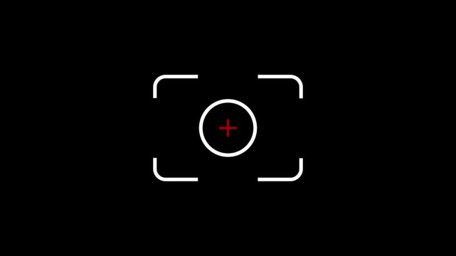 High-contrast monochrome icon featuring white corner framing brackets surrounding a central white circle with a red target crosshair at its center, set against a black background. 