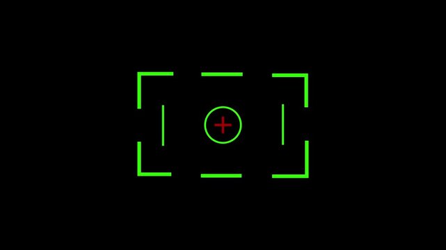 Glowing neon green icon of a rectangular viewfinder bracket enclosing a central red circle with a crosshair plus sign against a black background. camera auto-focus reticle, target lock.