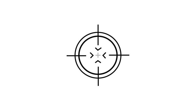 Minimalist black crosshair scope reticle with double concentric rings, central crosshairs, and inward-pointing arrow brackets on a solid chroma key white background. Animated target lock-on, weapon.
