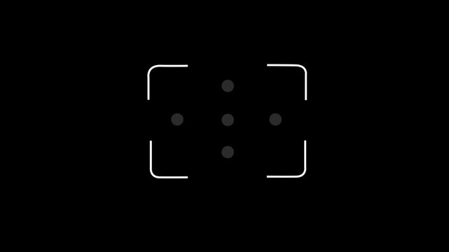 Glowing neon white icon of a viewfinder frame enclosing a 5-point cross-array focus grid with flashing dots against a black background. Animated camera auto-focus, target detection reticle.
