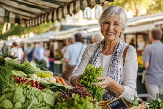 L&auml;chelnde Seniorin kauft frischen Salat auf einem Wochenmarkt. Regionales Gem&uuml;se, gesunde Ern&auml;hrung und bewusster Konsum stehen f&uuml;r aktiven und nachhaltigen Alltag.