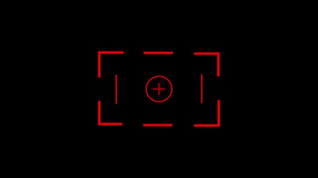 Glowing neon red icon of a rectangular viewfinder bracket enclosing a central red circle with a crosshair plus sign against a black background. camera auto-focus reticle, target lock.