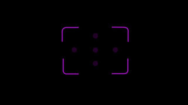 Glowing neon purple icon of a viewfinder frame enclosing a 5-point cross-array focus grid with flashing dots against a black background. Animated camera auto-focus, target detection reticle.