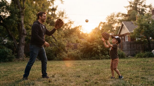 Father and son playing baseball catch in a backyard at sunset