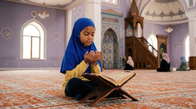 A young girl in a blue hijab praying and reading the quran on a wooden stand inside a beautiful mosque