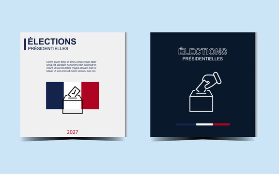 French Presidential Election Poster Mockup Collection. French presidential election poster designs featuring ballot box and voting hand icons, navy and tricolor accents. Vector illustration