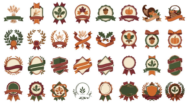 Vintage fall harvest labels, retro Thanksgiving badges, autumn wreaths, Thanksgiving pumpkin icons, vector ribbons, farm agricultural design elements, classic style logos for food branding