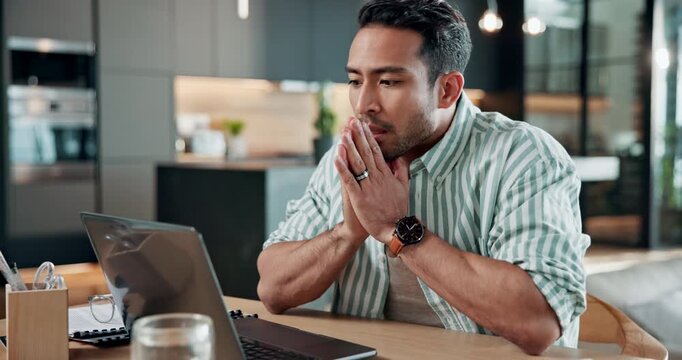 Man, stress and remote work in house with laptop, research and deadline pressure for difficult job. Worried, person and freelancer in home with computer, tension and concern for business challenge.