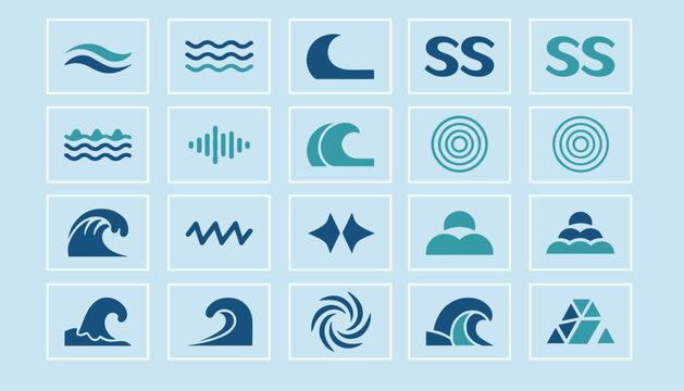 Array of twenty blue and teal wave icons representing sea waves, sound waves, and graphic design patterns.