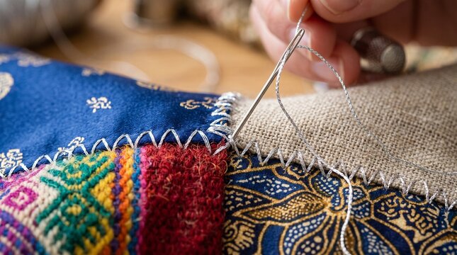 Close-up shot of hands using a needle and thread to stitch together colorful patterned fabric pieces to create a decorative handmade patchwork