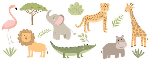Naklejka premium Cute African animal collection. Flamingo, lion, elephant, crocodile, leopard, hippopotamus and giraffe. Vector illustration.