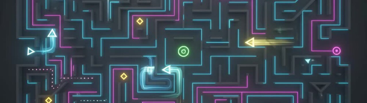 Problem solving and strategy concept glowing neon lines navigating through a complex dark maze abstract digital network flow and data pathfinding.