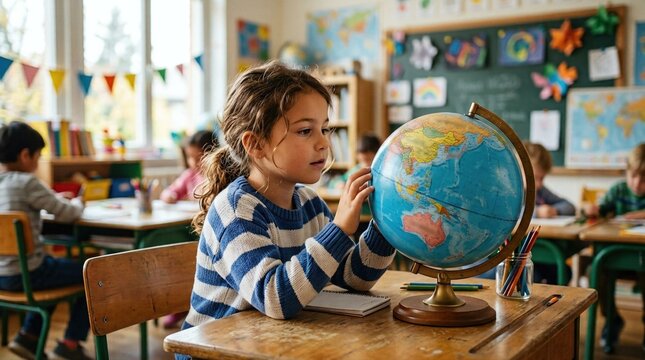 A young girl examines a blue globe at her desk inside a bright classroom. Curious child learning geography with joyful exploration. World Children's Day World Childrens Day global education.