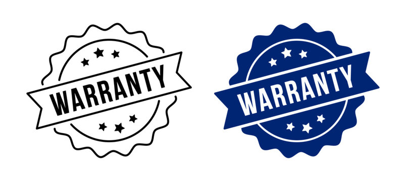 Warranty badge label set, Outline and blue seal emblems with ribbon banner and stars.