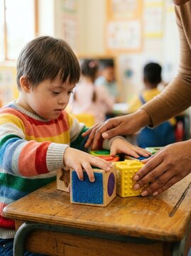 A young boy with down syndrome playing with blocks in a bright classroom. Inclusive education and supportive teaching support growth. World Children's Day World Childrens Day and childhood.