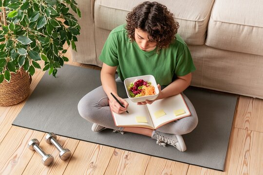 Woman tracking nutrition and healthy diet in a fitness journal while sitting on a yoga mat at home with fruit food