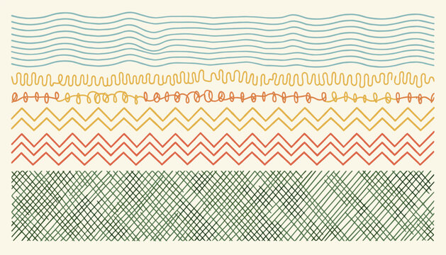 Hand drawn colorful horizontal texture lines with waves and zigzags create a warm creative background pattern.