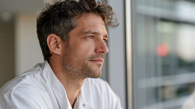 A man with short dark hair and stubble looks out a window in a white shirt