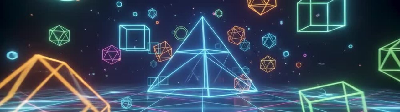 Cyberpunk digital space and virtual reality concept glowing neon wireframe pyramids and geometric shapes floating over a retro grid background.
