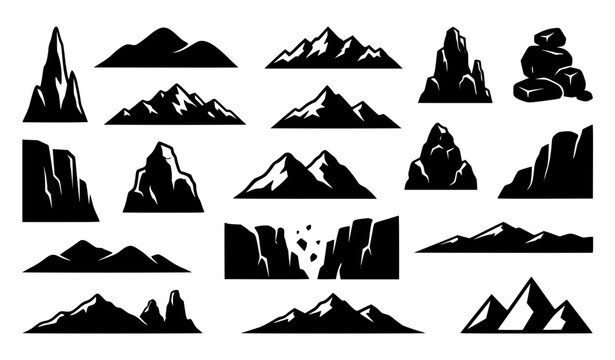 Mountain and Rock Silhouette Clip Art Set with Peaks Hills and Rugged Landscapes