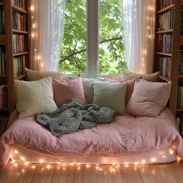 Cozy reading nook with window seat and bookshelf in a relaxing home interior design with soft fairy light decor