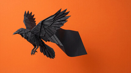 Obraz premium Origami Raven Unfolding Mid Flight, Halloween Paper Craft Object on Solid Orange Background with Copy Space