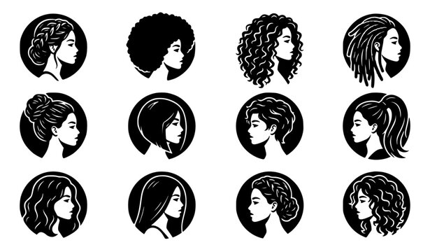 Modern Female Hair Profile Silhouette Icons for Beauty Salon and Fashion Vector
