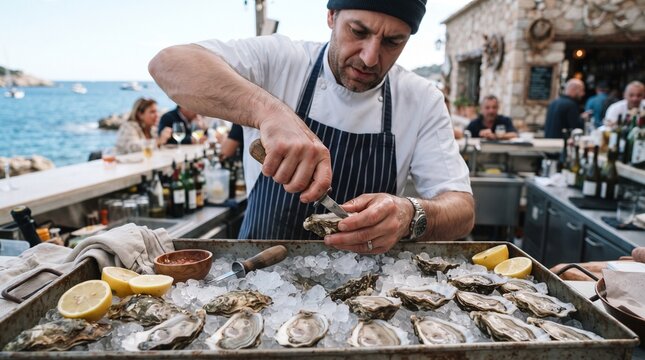 Chef shucking fresh oysters by the sea at a coastal restaurant