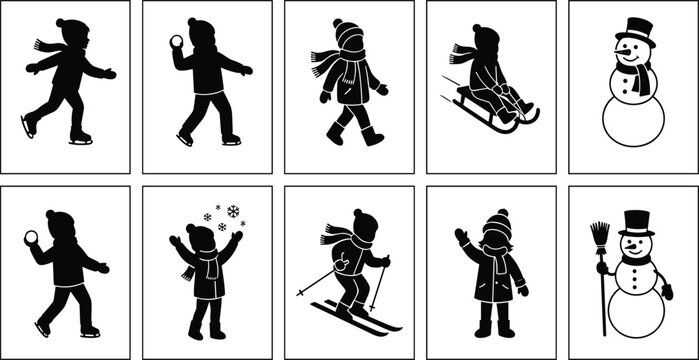 Winter kids vector silhouette card set featuring black icons of children ice skating skiing sledding throwing snowballs and cute snowmen elements
