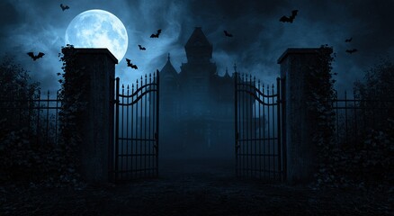 Obraz premium Haunted mansion gate under a bright full moon with flying bats in a dark misty night sky for a spooky gothic horror