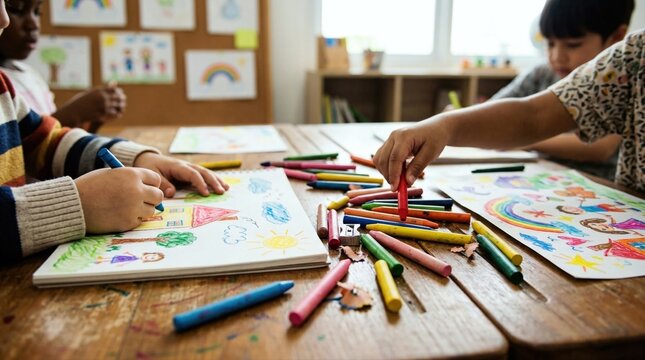 Children drawing with colorful crayons on paper at a wooden table. Creative expression and joyful learning in the classroom. World Children's Day World Childrens Day and inclusive.